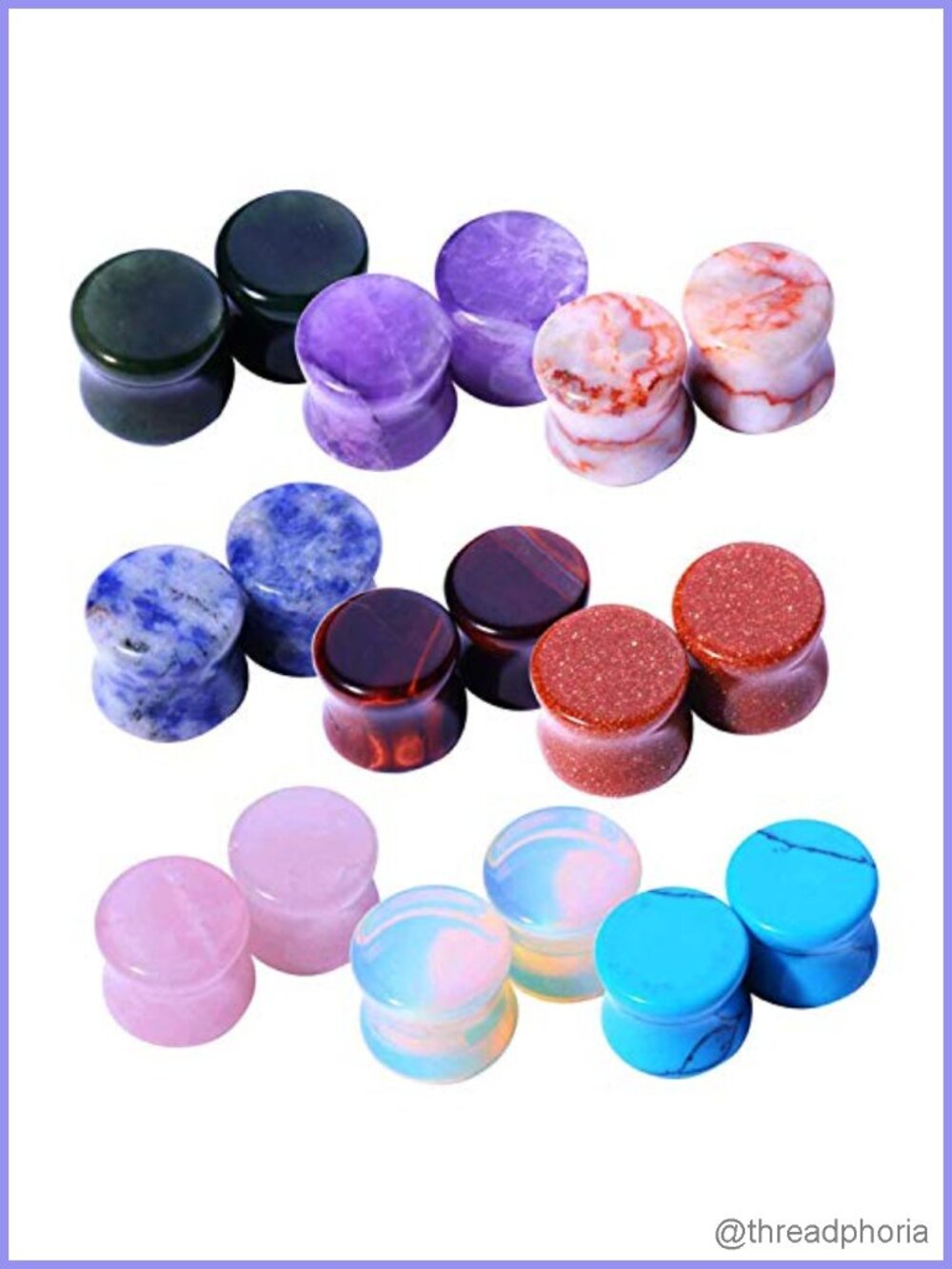 18PC Natural Stone Ear Stretching Plugs 0G 8mm Double Flared Saddle Body Jewelry